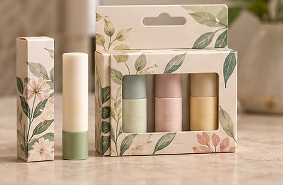 A single lip balm carton printed with botanicals beside its stick, and a windowed three pack carton with a peg hang tab