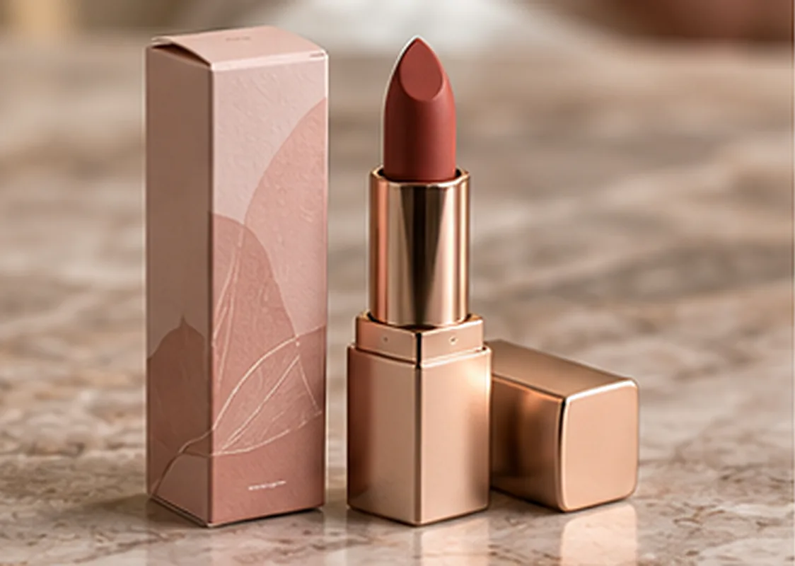 A blush pink lipstick carton with a gold line leaf pattern standing beside the uncapped lipstick on pale stone