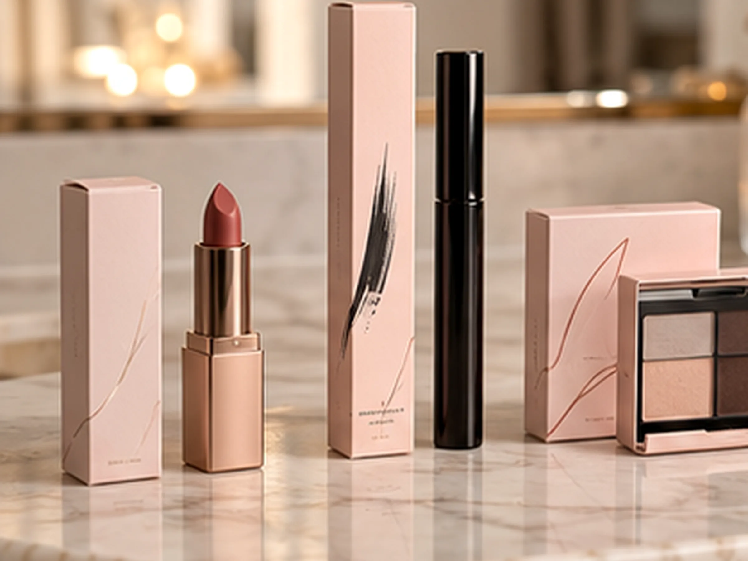 A lipstick carton, a mascara carton and a palette carton in blush pink standing on a marble vanity beside the lipstick, mascara and eyeshadow palette they hold