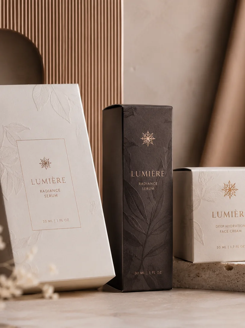Three skincare cartons in one livery, serum and face cream formats standing together