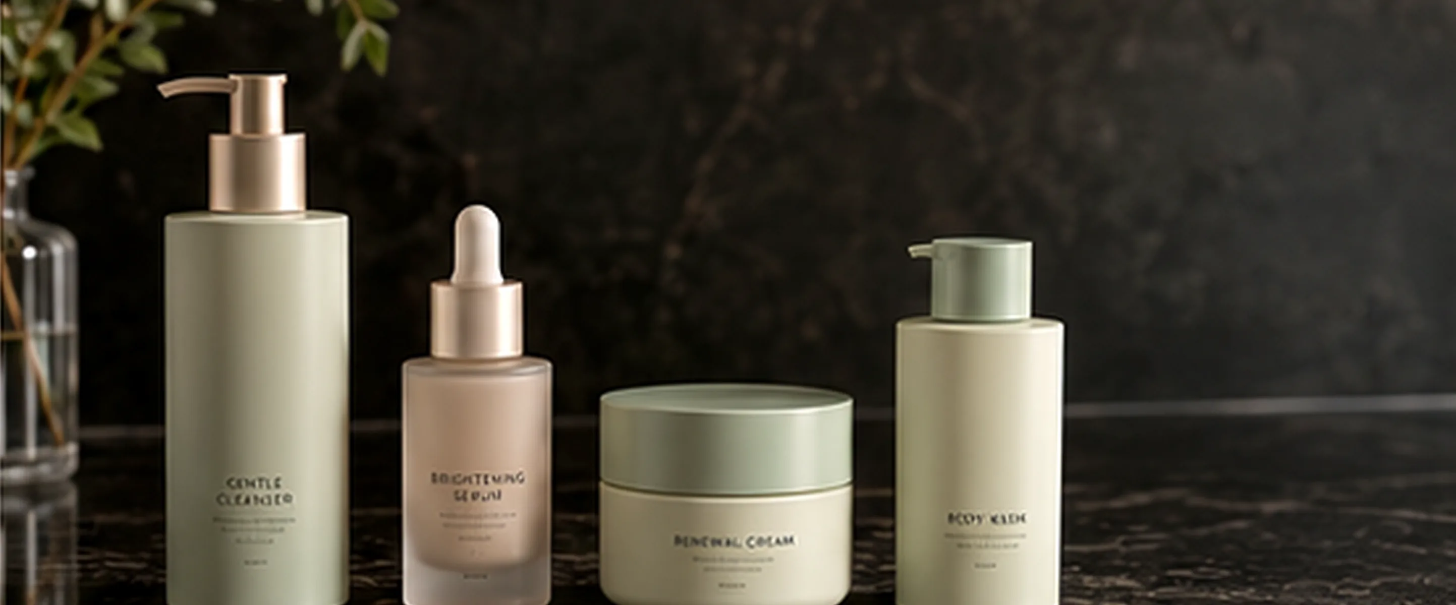 A cleanser, a serum, a face cream and a body wash in one sage livery standing on a dark marble counter