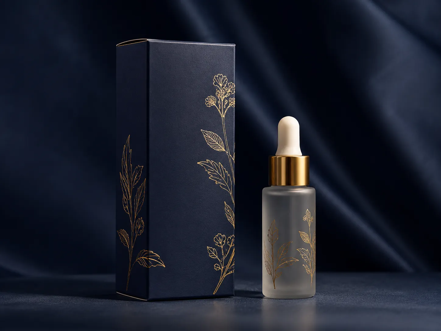 A navy serum carton with gold foil botanical line work standing beside a frosted glass dropper bottle on dark satin, no glare anywhere across the board