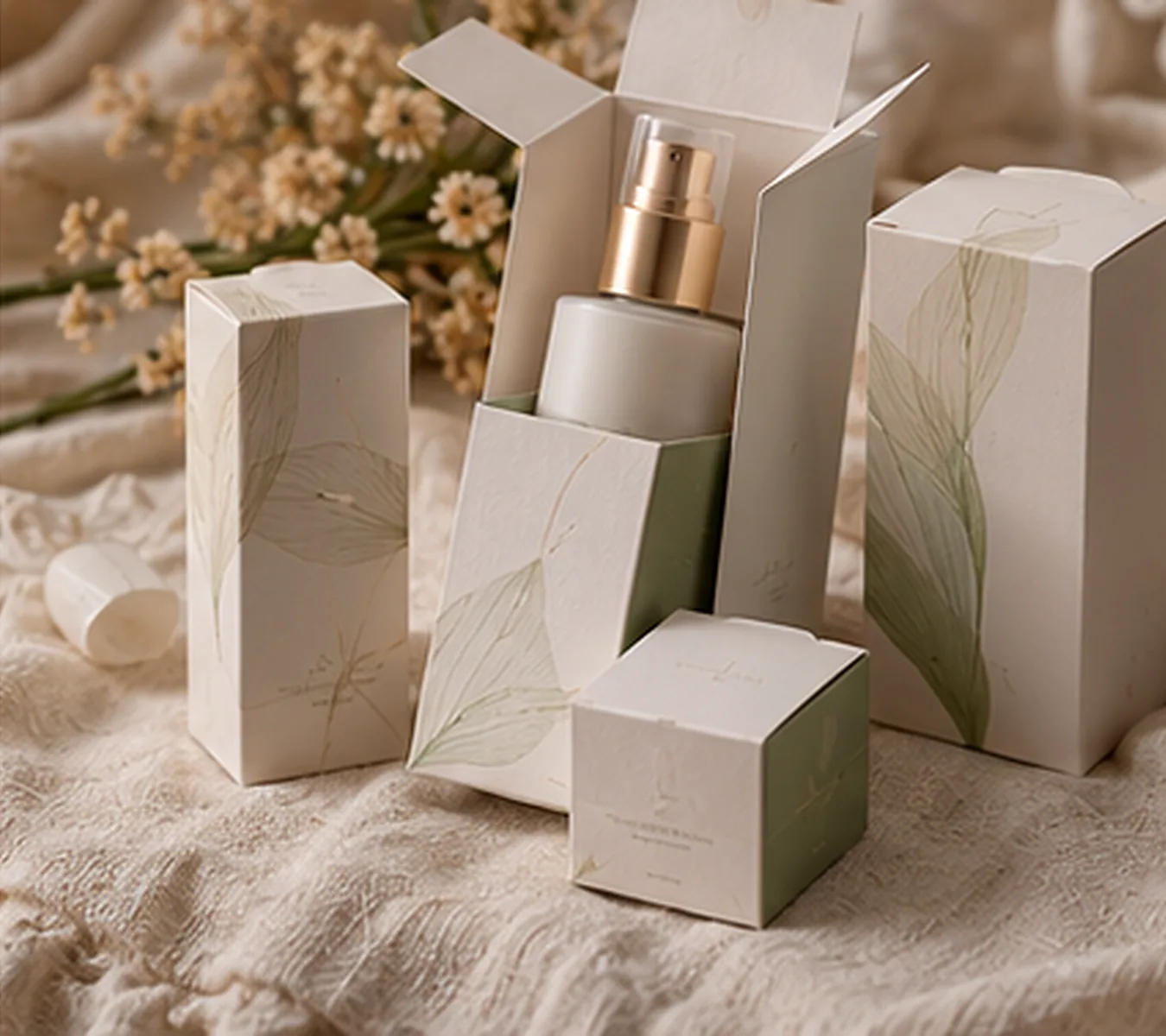A set of leaf printed skincare cartons on linen, the middle carton open with its pump bottle standing inside