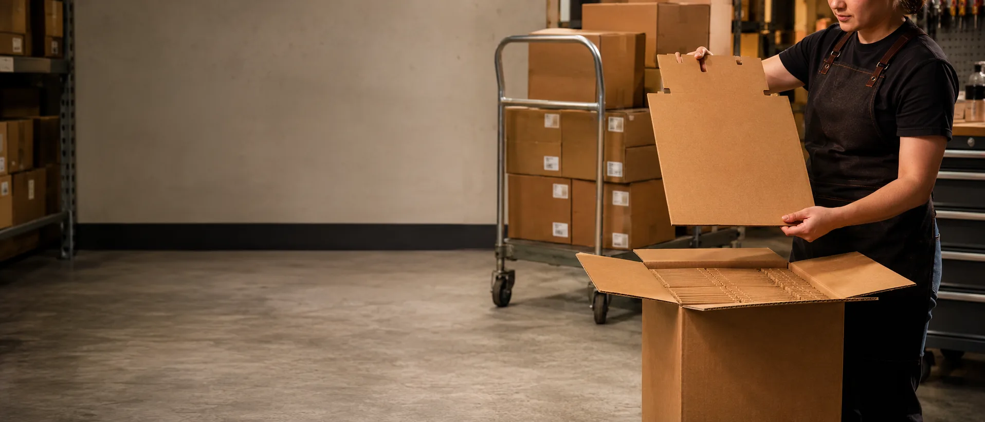 A member of shop staff lifting a flat display blank out of an opened shipper in a stock room, a trolley of cases behind and the left of the frame empty.