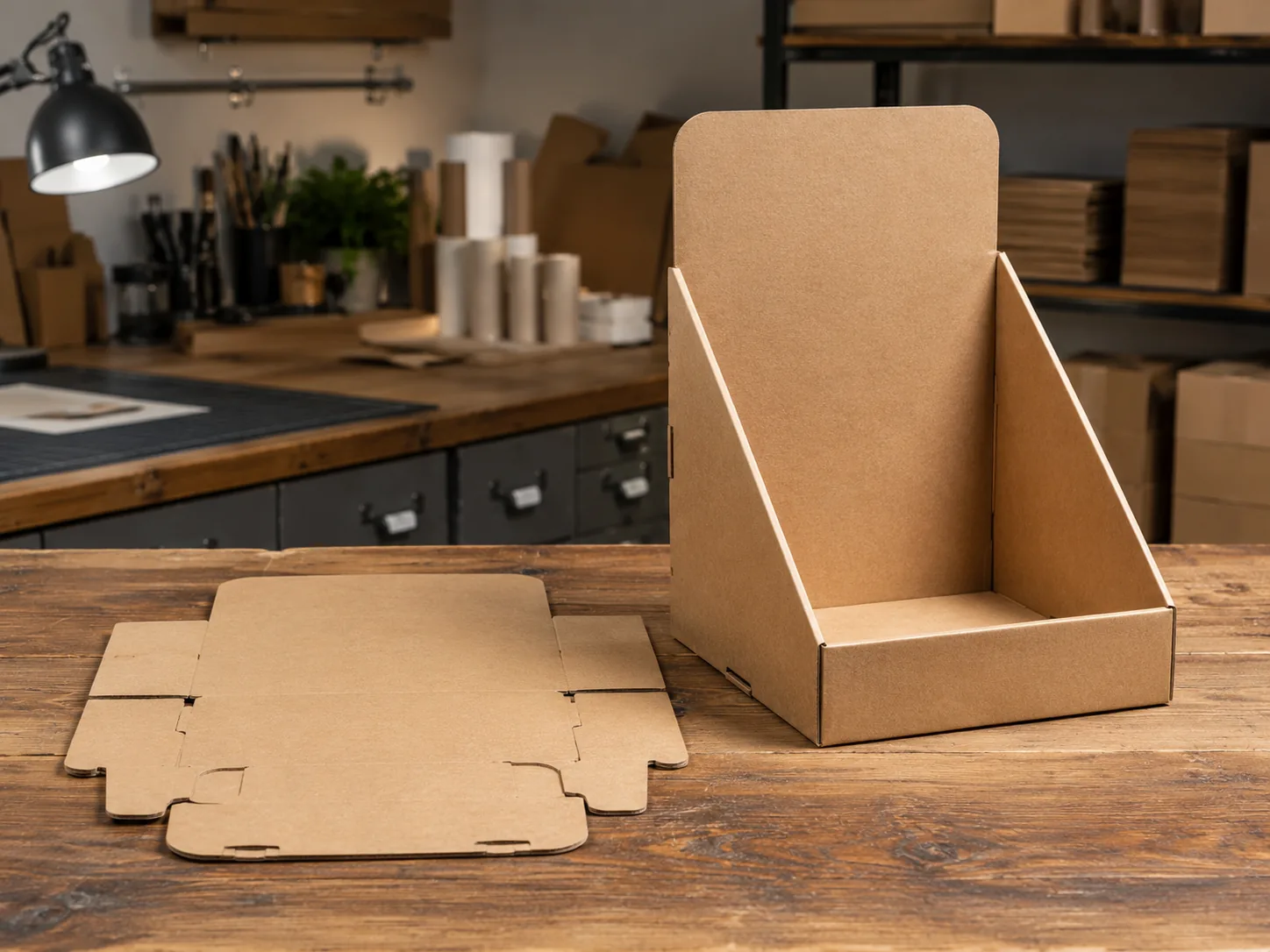 A counter display unit standing erected on a workbench beside the same unit lying flat as a die cut blank.
