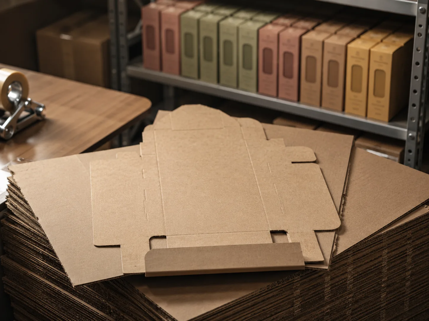 A flattened counter display blank lying on a stack of broken down cardboard in a shop back room, the cartons that should have been in it on a shelf behind.