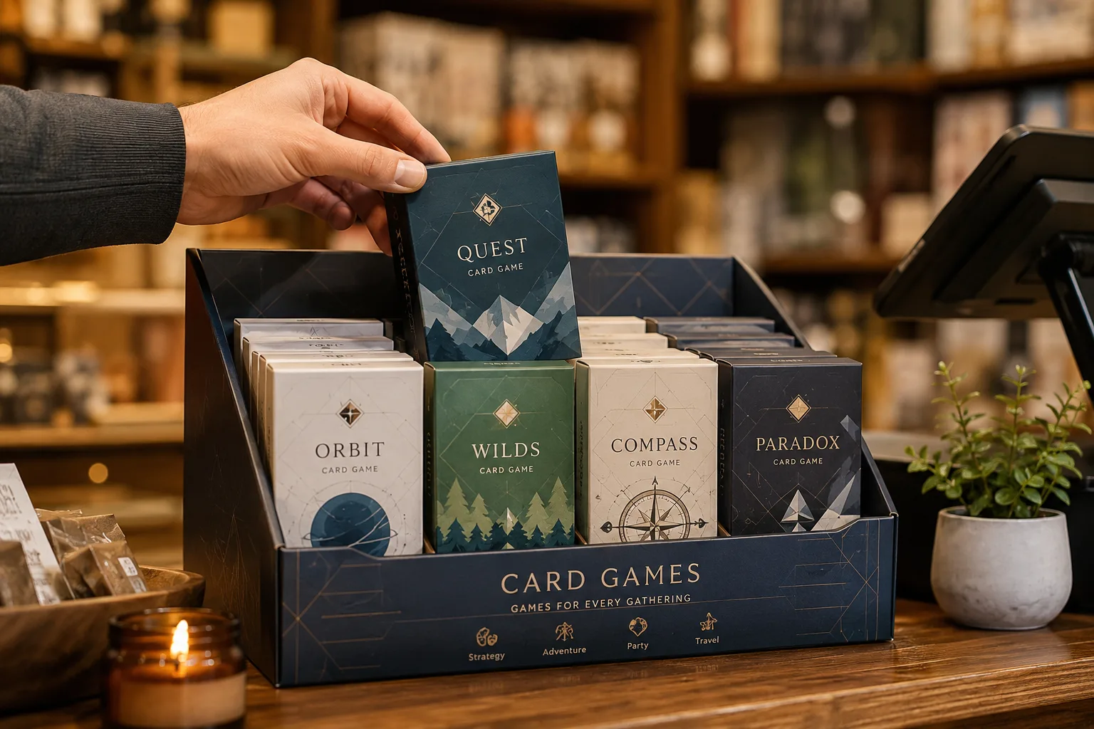 A counter display of card game decks beside a till, a hand lifting one deck out of the row, the shop interior soft behind.