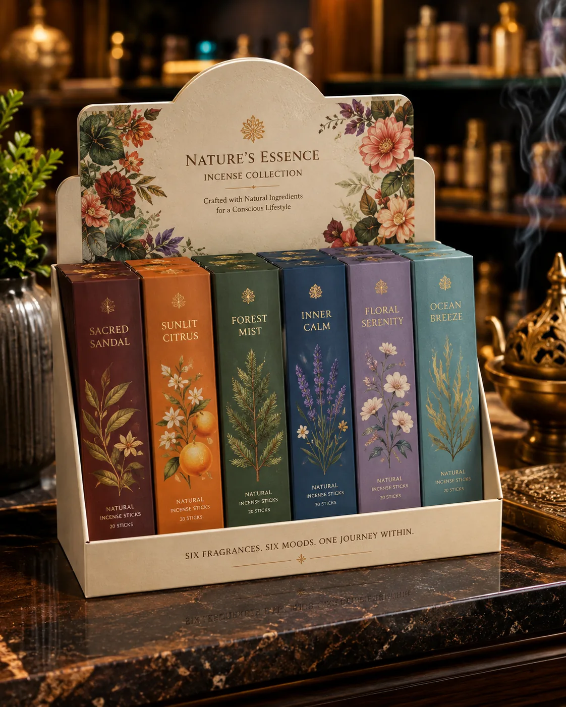 A counter display unit holding six printed incense cartons in a row under a floral header card.