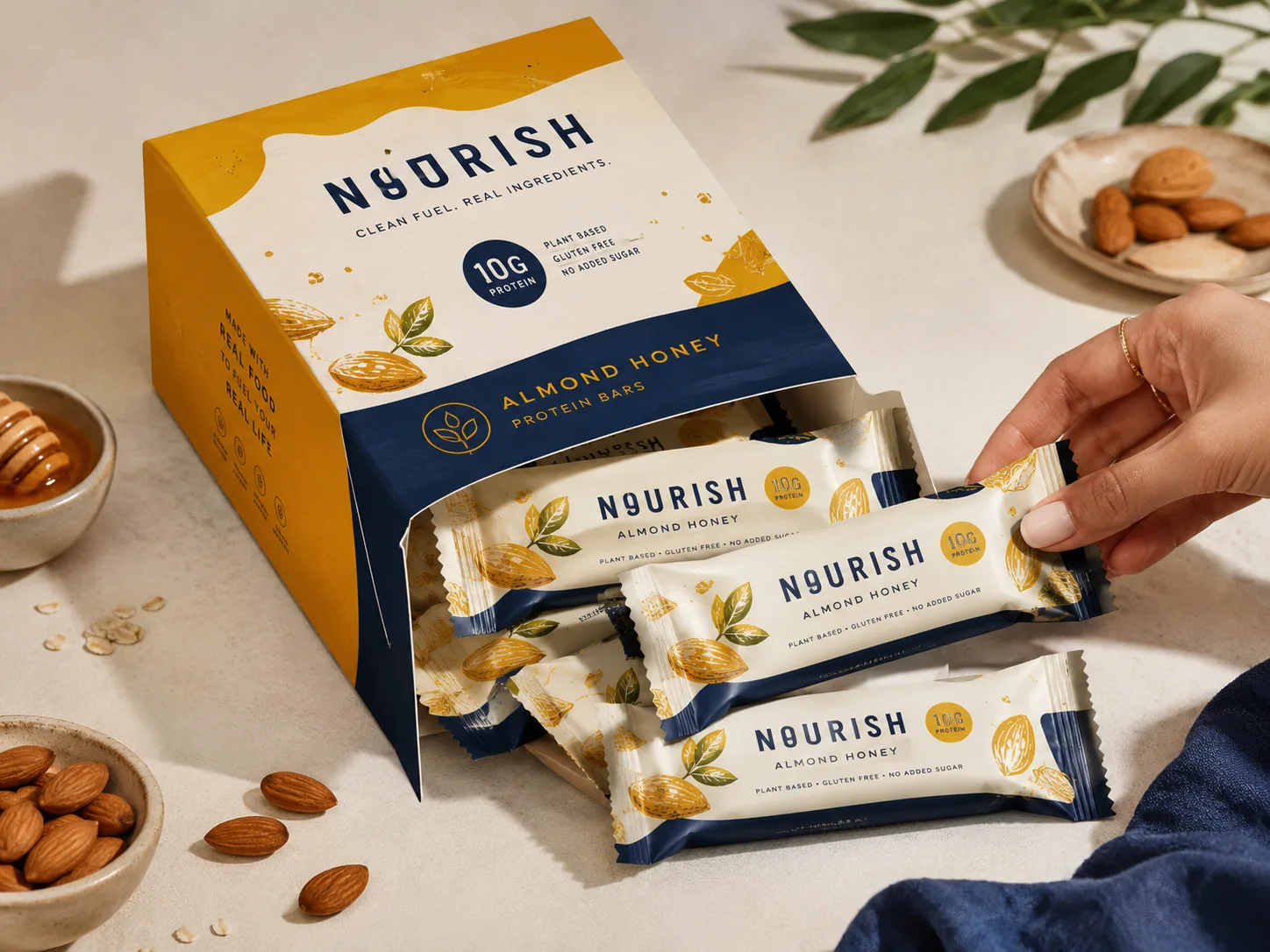 A yellow and navy counter dispenser of protein bars, a hand lifting one clear of the front