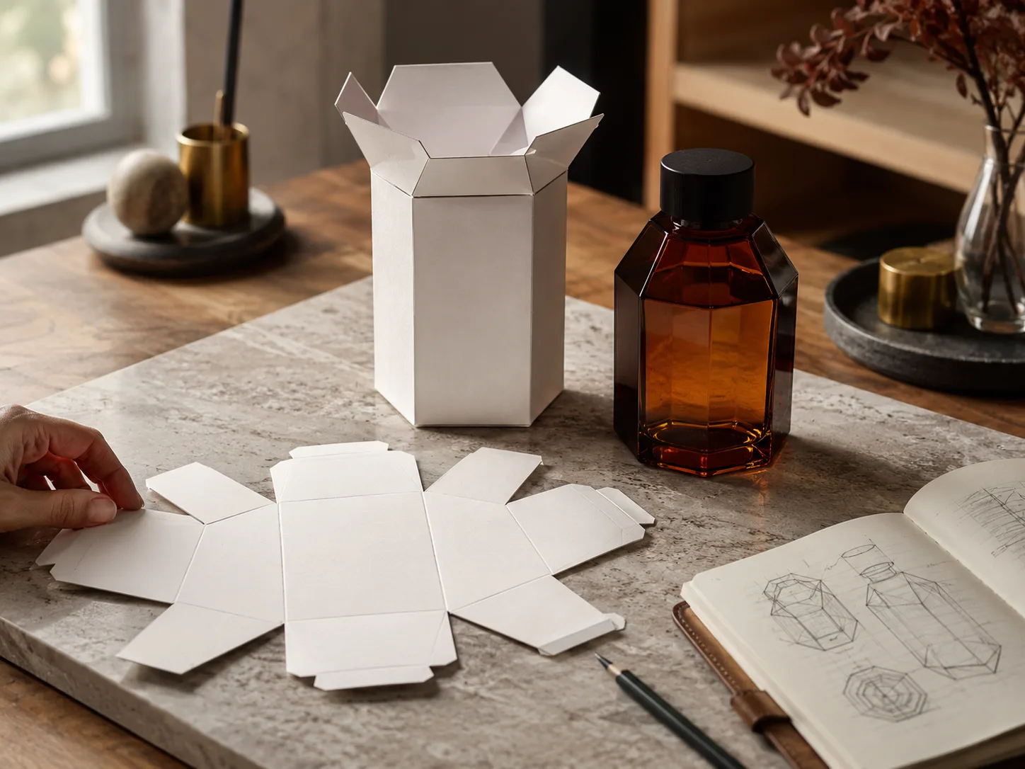 A white hexagonal carton standing erected on a stone bench beside its own flat blank, the six panels and tapered top flaps readable in both, the amber bottle it was drawn around and a sketchbook of hexagonal studies alongside.