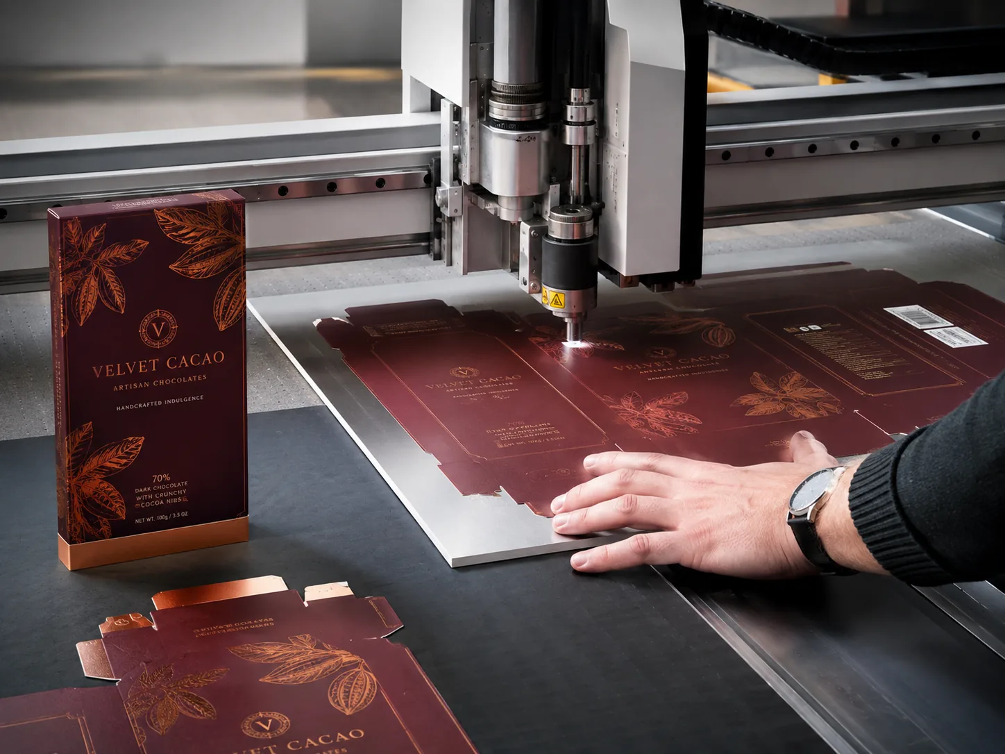 A sample table cutter mid cut on a printed sheet, the head tracking the cut line and an operator’s hand steadying the board, the finished carton standing beside the table and cut blanks stacked in front of it.