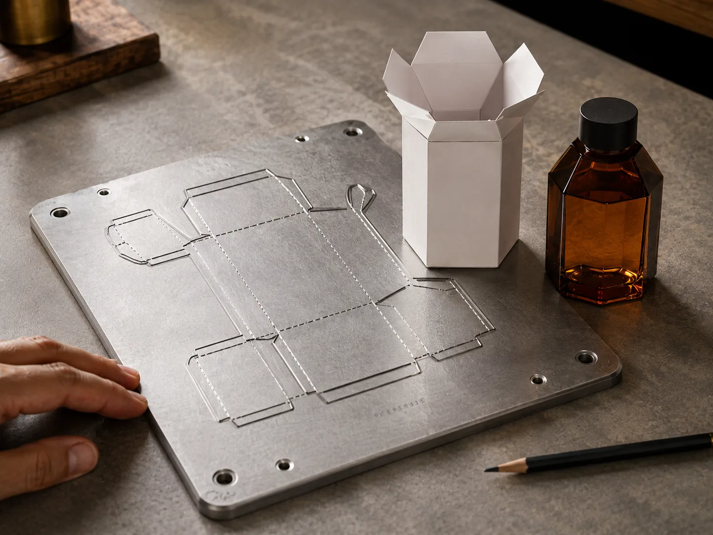 A finished cutting die on the bench with its rules and creasing matrix set into the plate, the approved hexagonal prototype and the bottle standing beside it.
