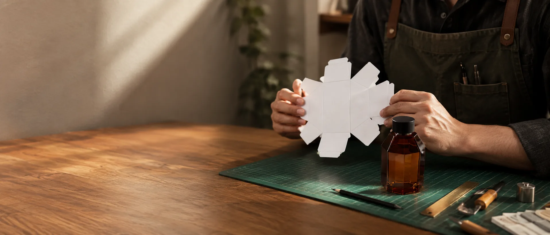 A structural designer holding a flat hexagonal blank open over a cutting mat, the faceted amber bottle it was drawn around standing in front of it, the bench running away empty to the left.