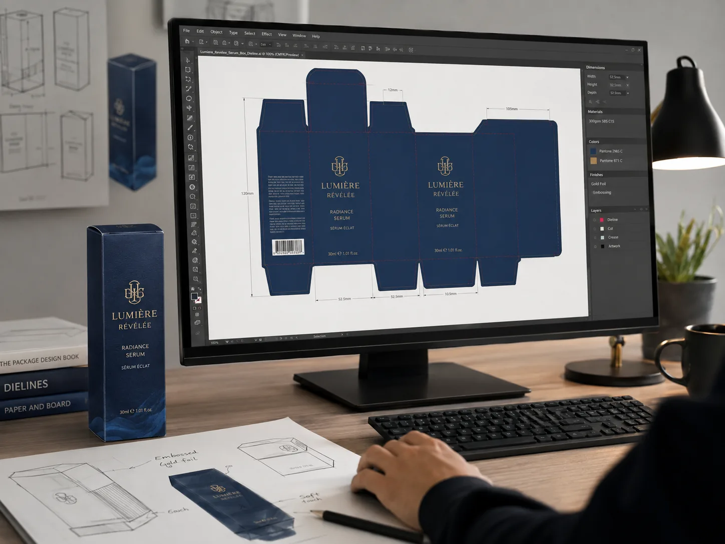 A serum carton dieline open on a design workstation with its dimensions, board, Pantone colors and finishes listed down the side of the drawing, the printed carton standing beside the monitor and pencil elevations of it on the desk.