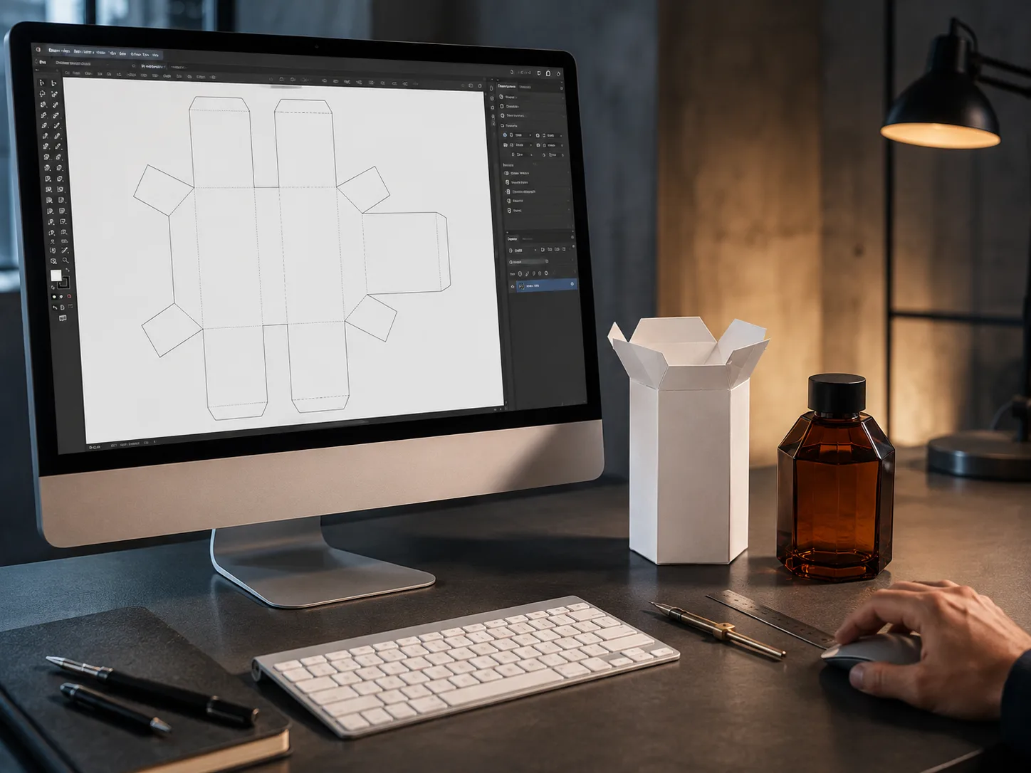 A carton dieline open on a studio screen beside the white mockup folded from it