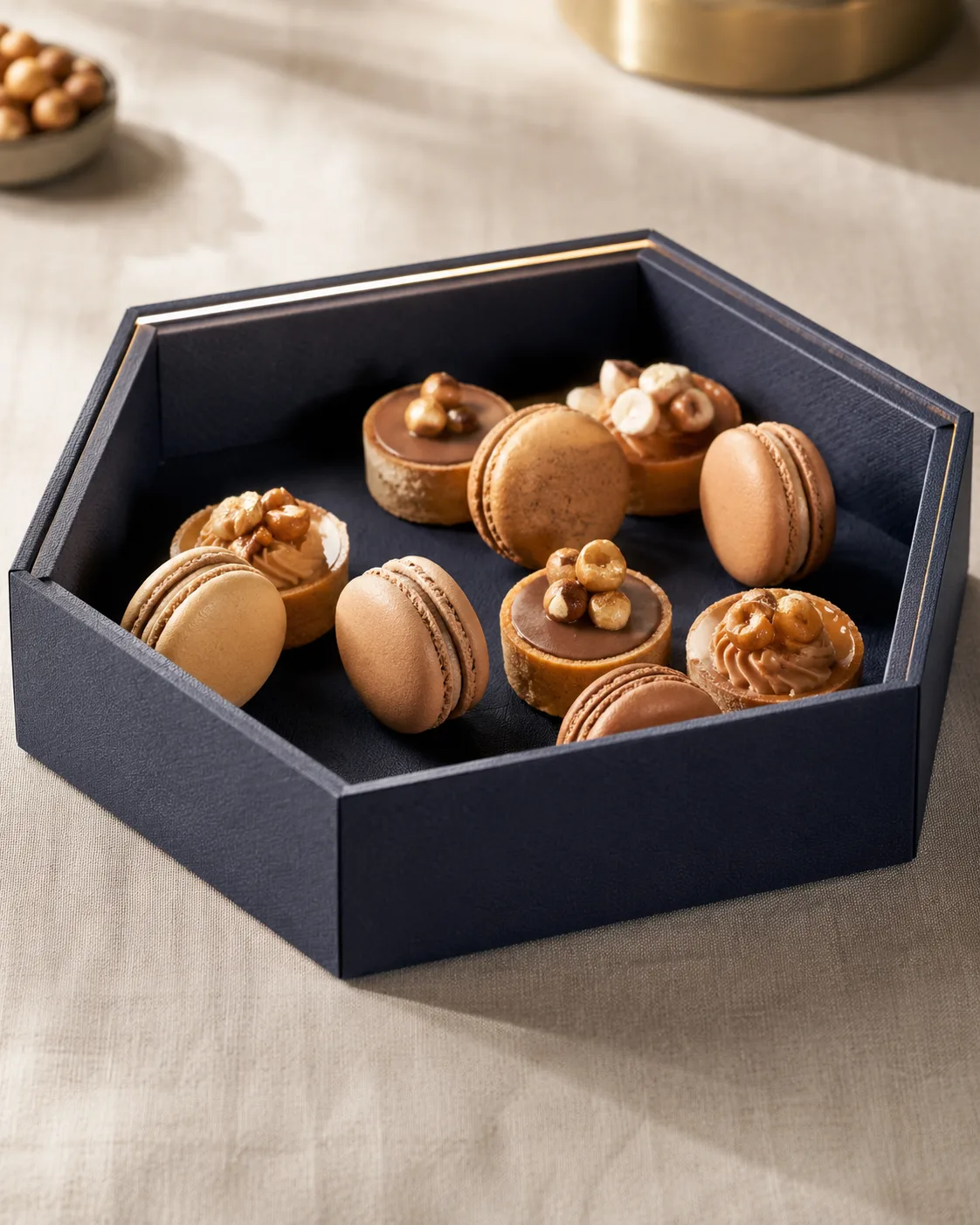 A hexagonal navy carton tray with a gold cut edge, open on linen and holding hazelnut pastries and macarons, the six panels and their corners in frame
