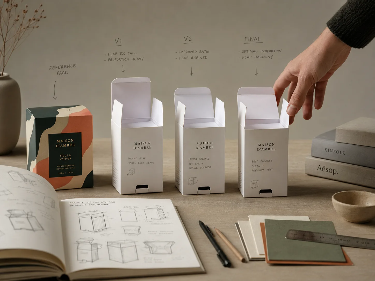 Three generations of the same prototype carton standing open in a row under handwritten headings reading V1, V2 and final, each one noted with what its proportions got wrong or right, the reference pack at the left and an open sketchbook of structural drawings in front of them.