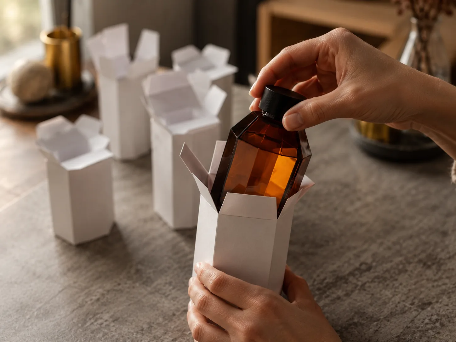 Two hands lowering the amber bottle into a white unprinted hexagonal prototype, four earlier prototypes standing open on the bench behind it.