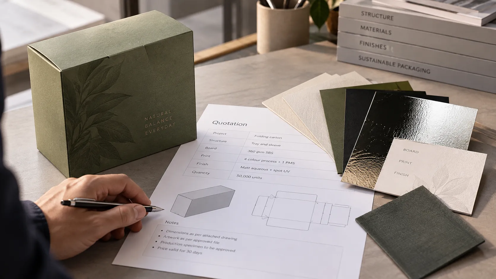 A printed quotation on a bench naming the structure, board, print and finish, the sage green carton it was priced against standing behind it and board and finish swatches fanned along the edge of the sheet.