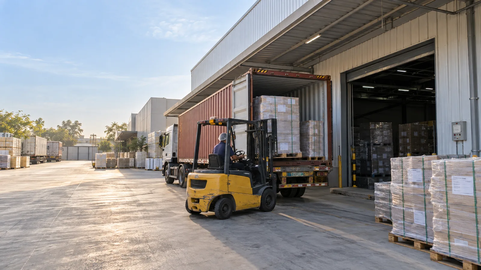 A forklift loading a pallet of cartons into a shipping container backed up to the dispatch bay, stretch-wrapped pallets lined up along the apron in early light.
