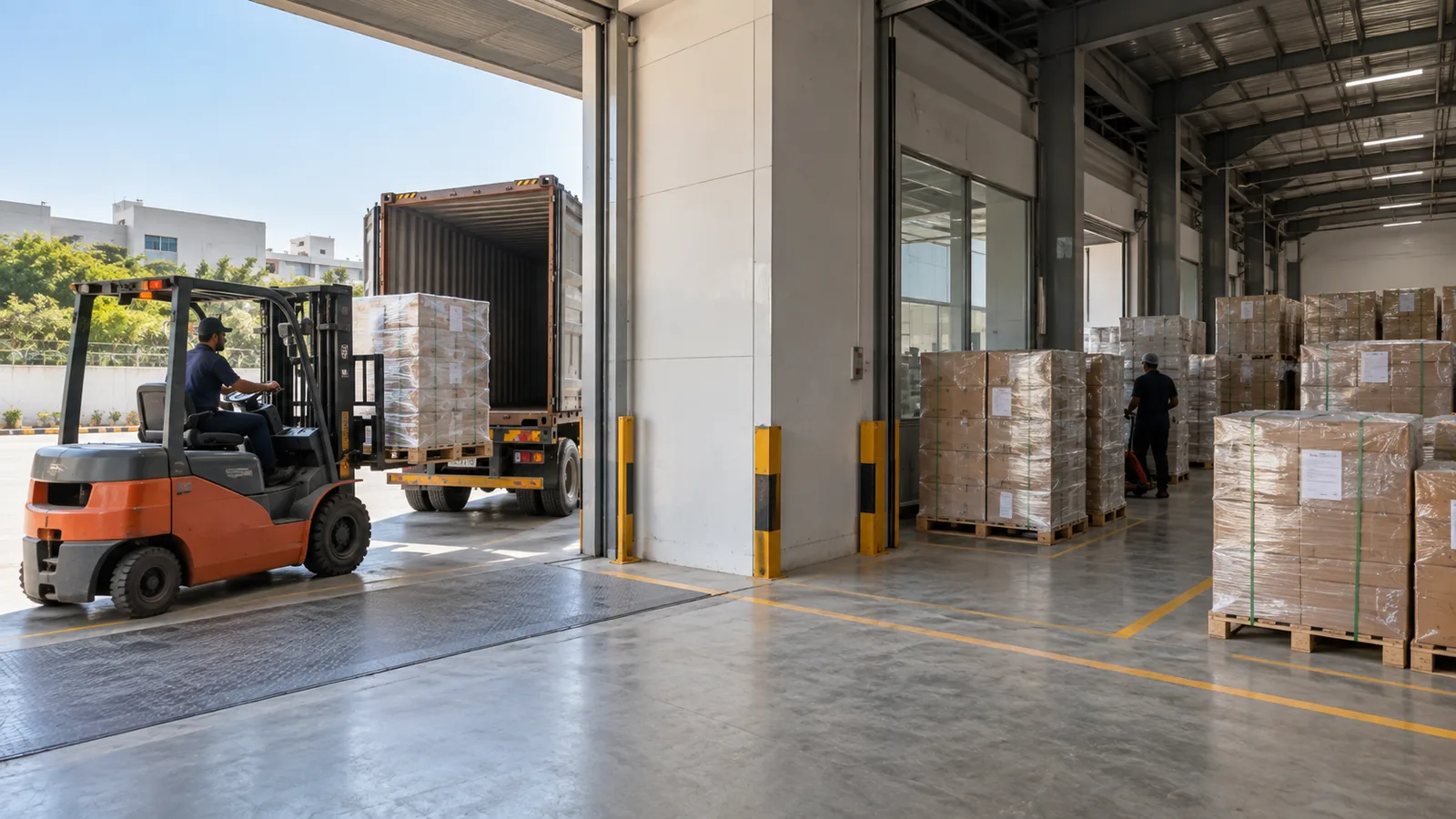 A container standing at the dispatch dock with pallets of flat cartons being loaded into it.