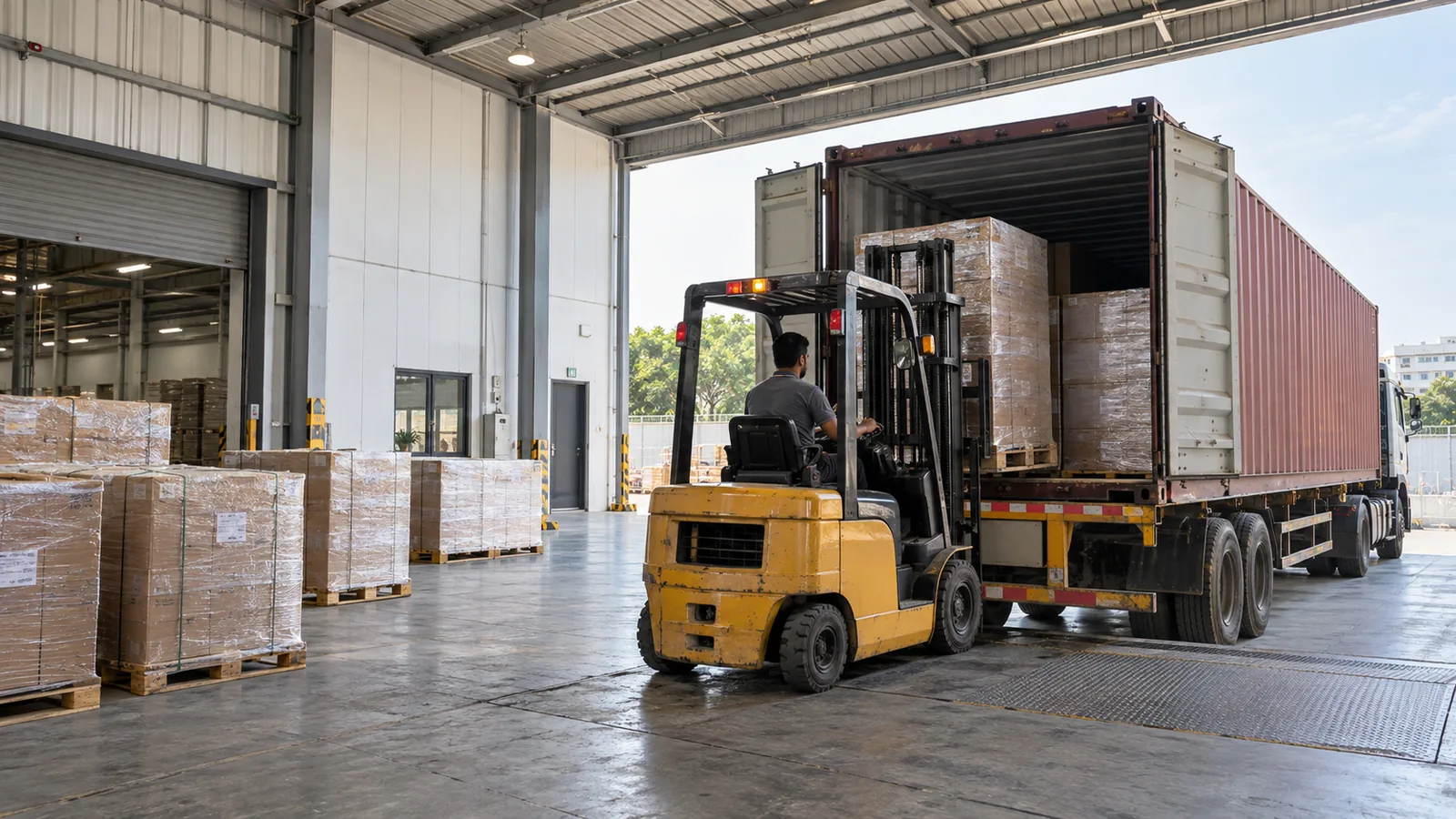 A forklift driving a pallet of wrapped cartons up into a shipping container at the dispatch bay, more pallets staged on the floor beside it.