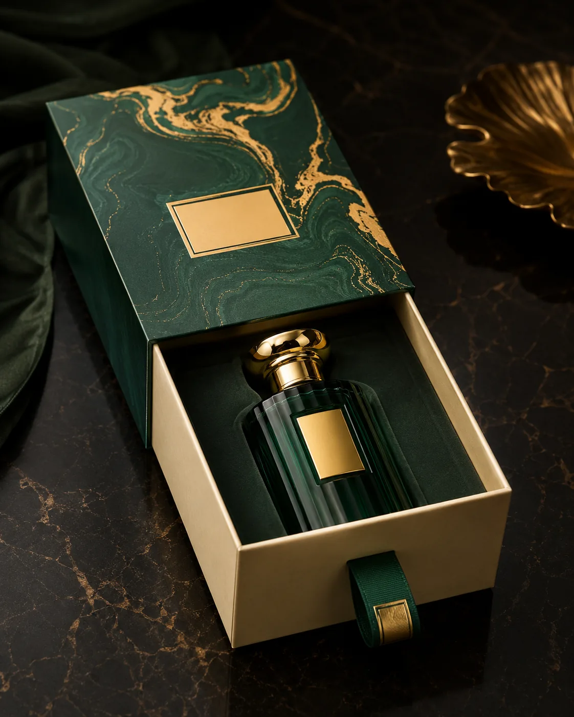 A fragrance pack on a dark surface with the inner tray drawn two thirds out of its printed outer sleeve, the bottle standing in the tray