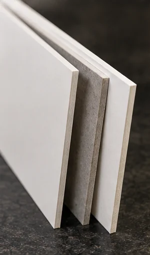 Three board sheets standing on edge on dark stone with their cut edges to camera, each edge a thin white liner over a gray core, the middle sheet turned to show its gray reverse