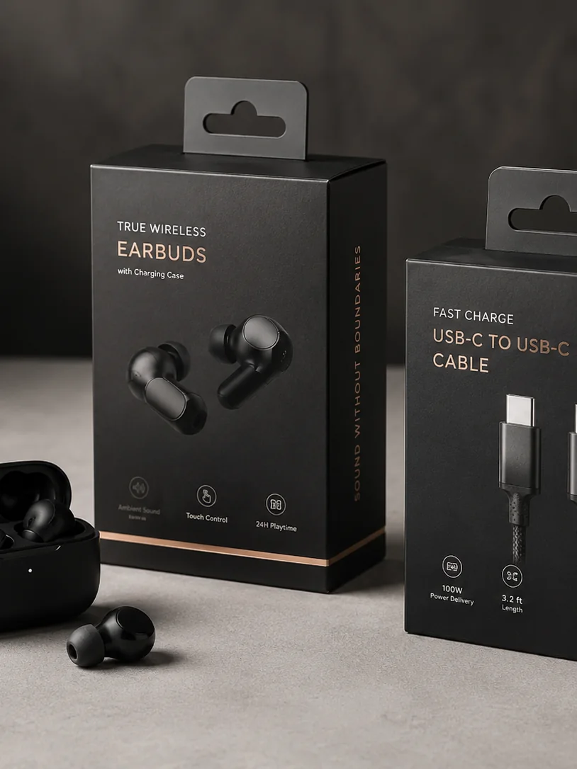 Two consumer electronics cartons standing on a pale ground with a pair of earbuds and a coiled charging cable laid in front of them.