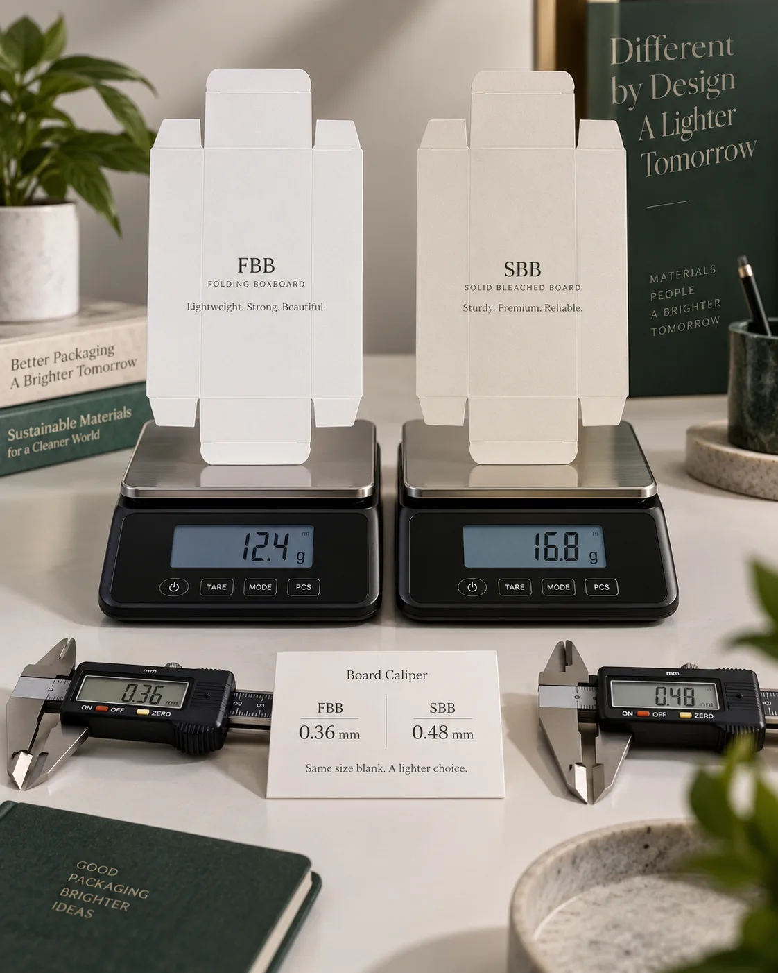 Two carton blanks of the same size standing on separate scales, the folding box board blank reading 12.4 grams against 16.8 grams for the solid bleached board blank, calipers either side of a card giving 0.36 mm against 0.48 mm