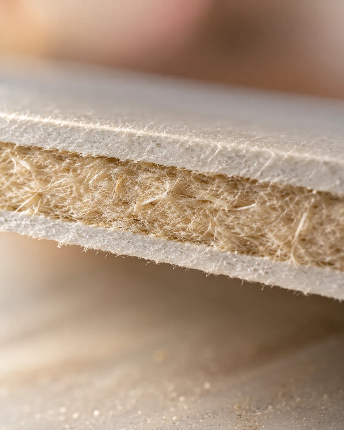 A cut edge of folding box board at high magnification, two pale bleached outer plies with a coarser cream middle ply of loose fiber between them