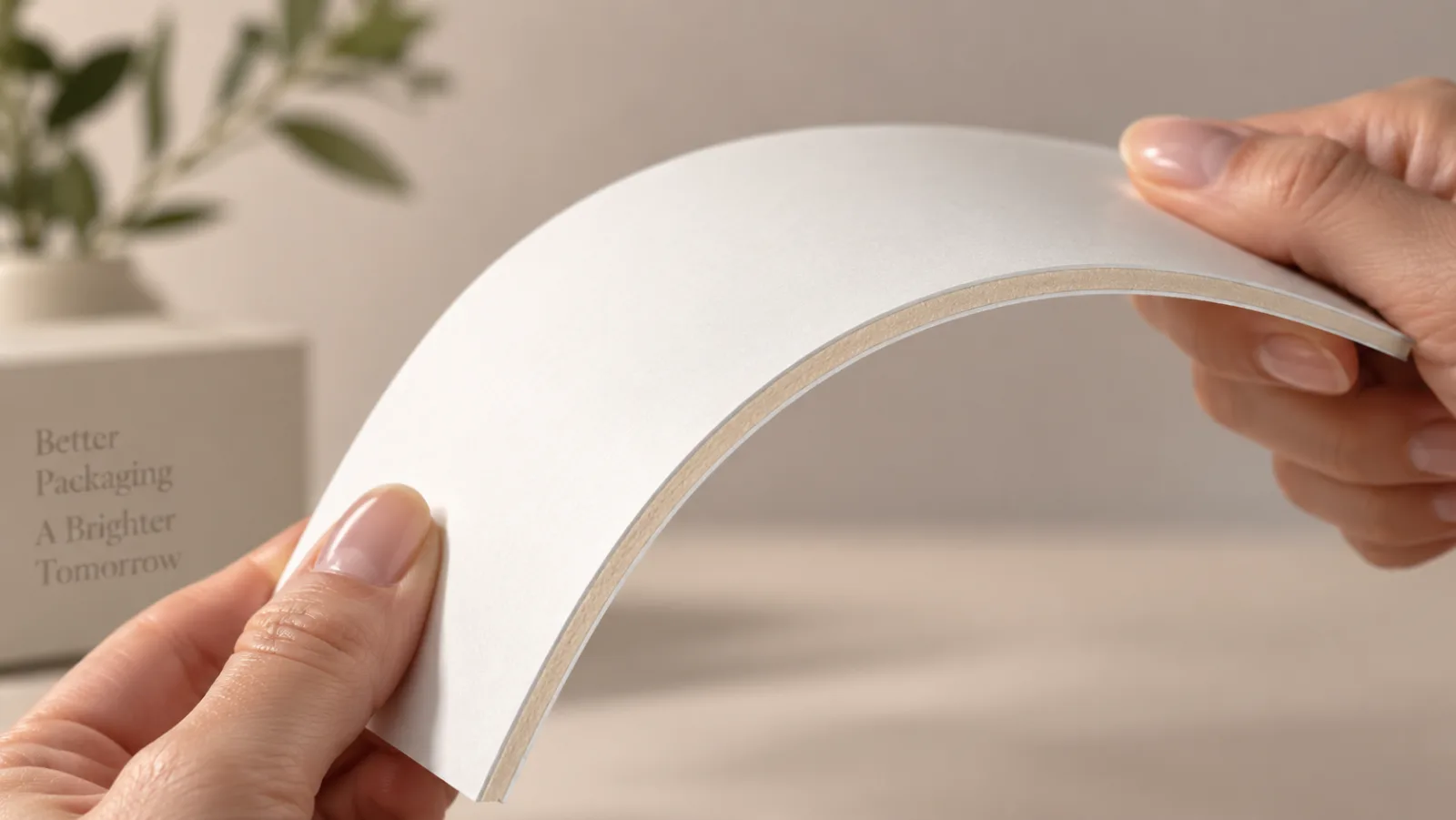 A sheet of folding box board bent into a curve between two hands, the cut edge along the bend showing a cream middle ply between two white outer plies