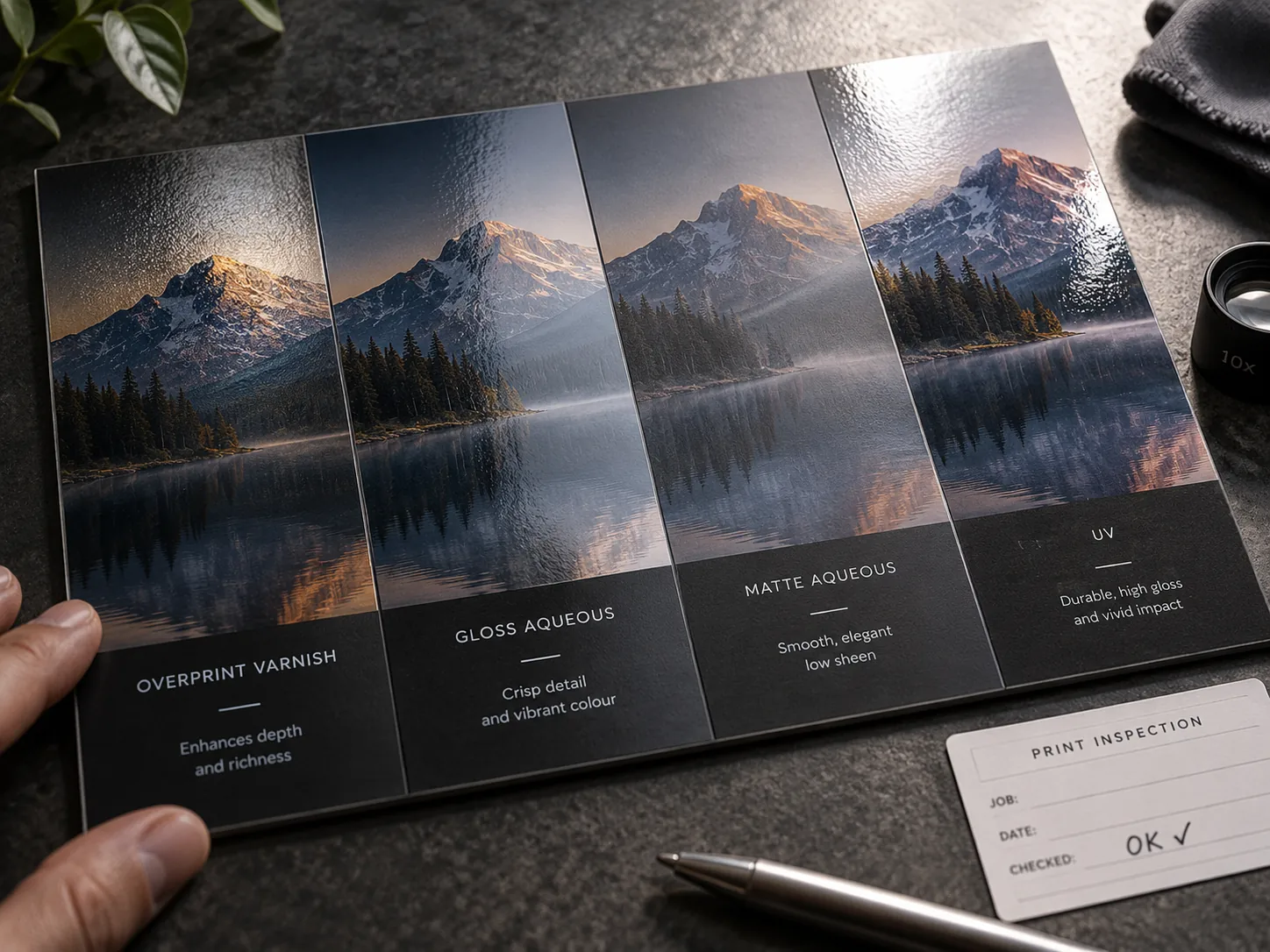 One printed panel finished four ways in vertical bands, overprint varnish through to UV, each band labeled along its foot