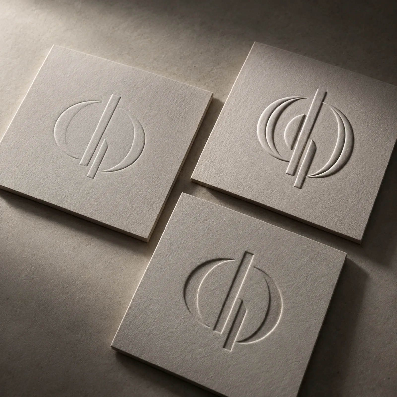 Three panels of the same uncoated board carrying one mark and nothing else, raking light from one side so every shadow runs the same way: a single level emboss, the same mark cut as a multi level die, and the mark debossed into the sheet.