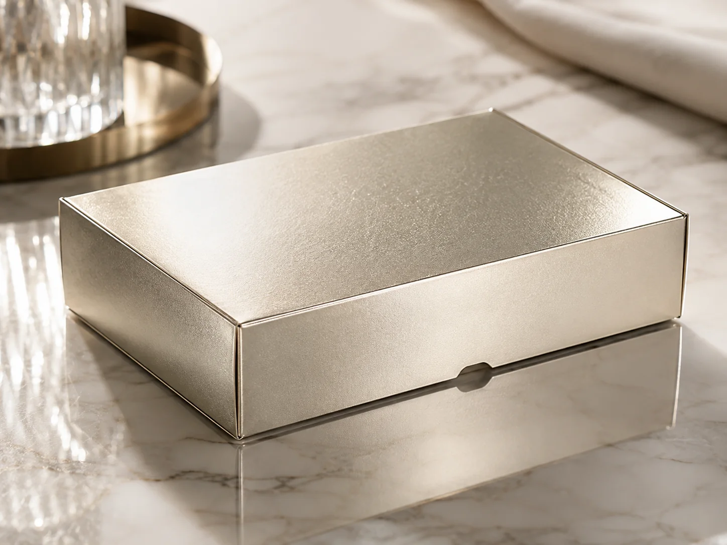 A shallow carton in full coverage champagne metallic board on white marble, the metal reading across the whole lid rather than as a stamped mark