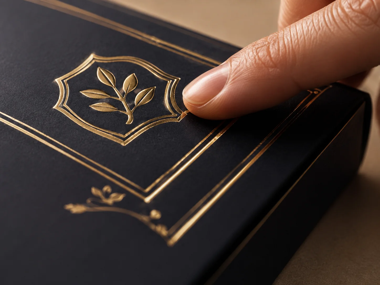 A fingertip resting on a gold foil crest stamped into a black carton, hairline foil rules running away from it