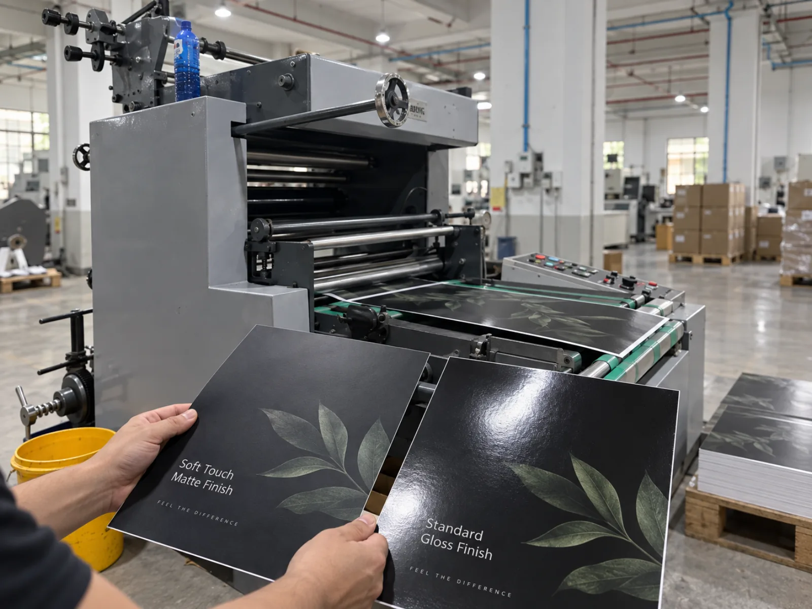 Two sheets of the same dark artwork held up at the delivery of the laminator, the matte one holding no highlight anywhere across its face and the gloss one carrying a hard window reflection, with laminated sheets running out of the machine behind them.