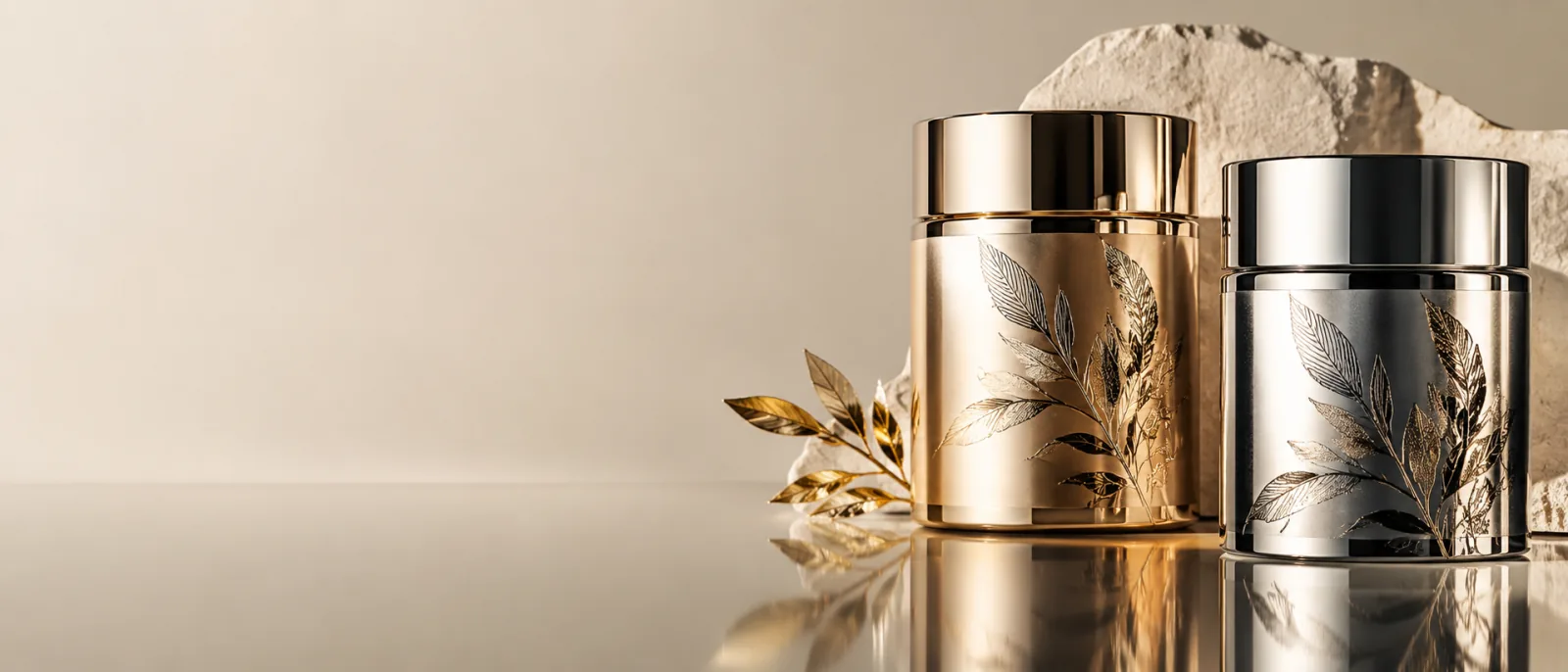 The same engraved botanical on two metallized grounds side by side, one gold and one silver, both reading as tinted metal rather than as printed color because nothing is knocked out white underneath them.
