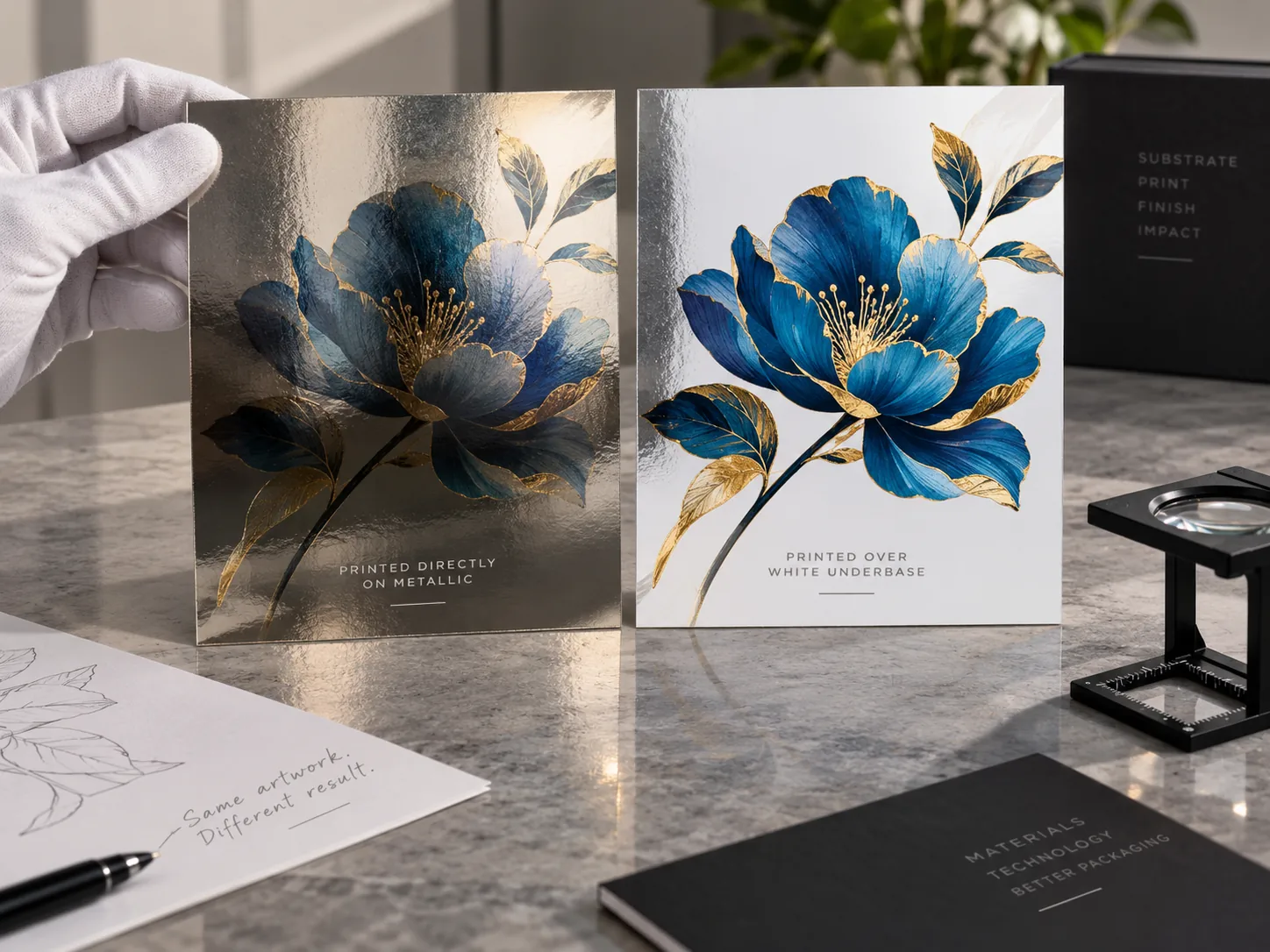 Two panels of metallized board carrying the same blue and gold flower, the left one printed straight onto the mirrored ground and reading as tinted metal, the right one printed over a white underbase and reading as flat color.