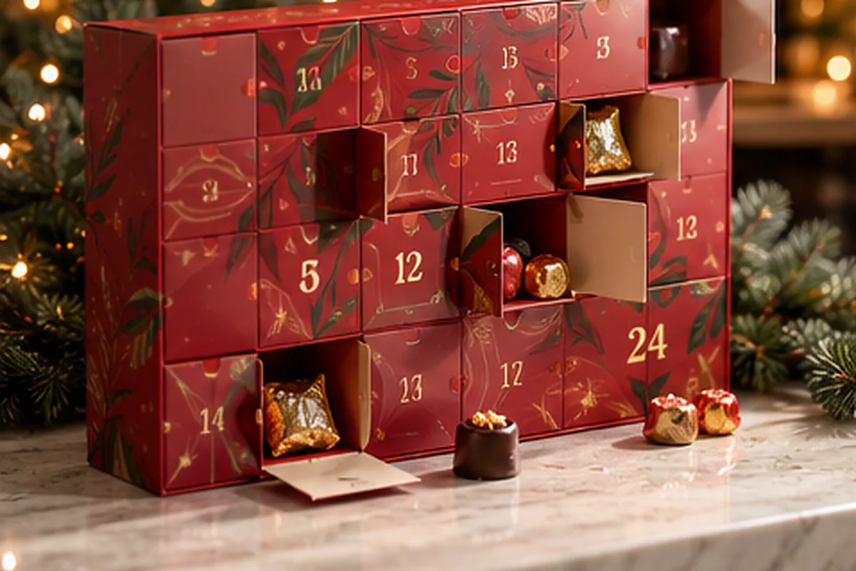 A red advent calendar box with several numbered doors open to show wrapped chocolates