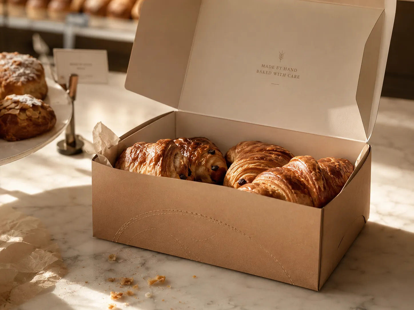 A kraft bakery carton open on a marble counter, a blind embossed arc raised out of the uncoated front panel with no ink over it
