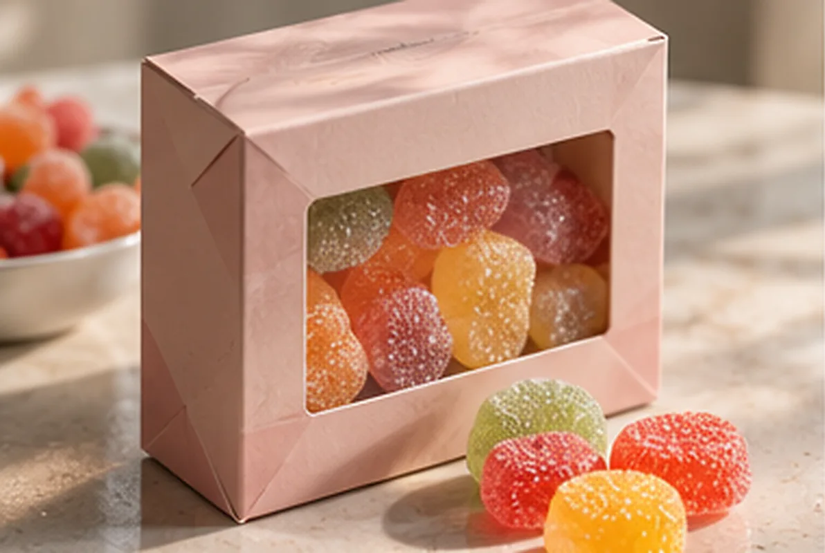 A pink windowed carton of sugared gummies on a pale counter, a few gummies loose beside it