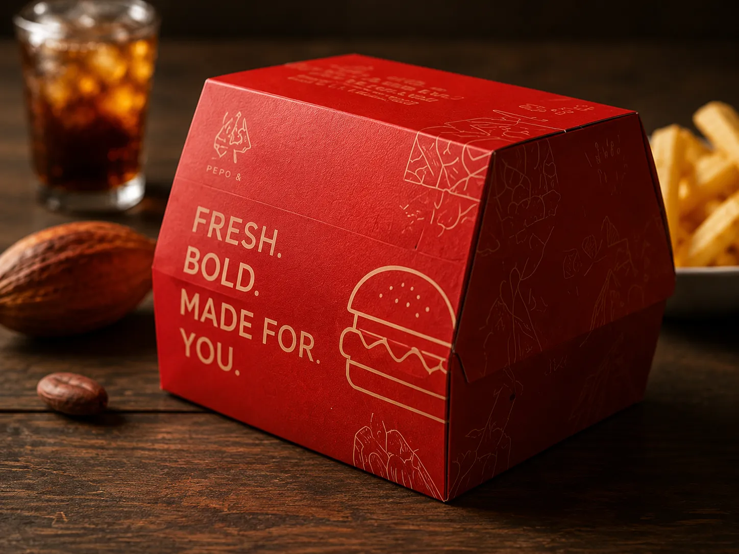 Printed food carton standing on a neutral ground with its contents beside it