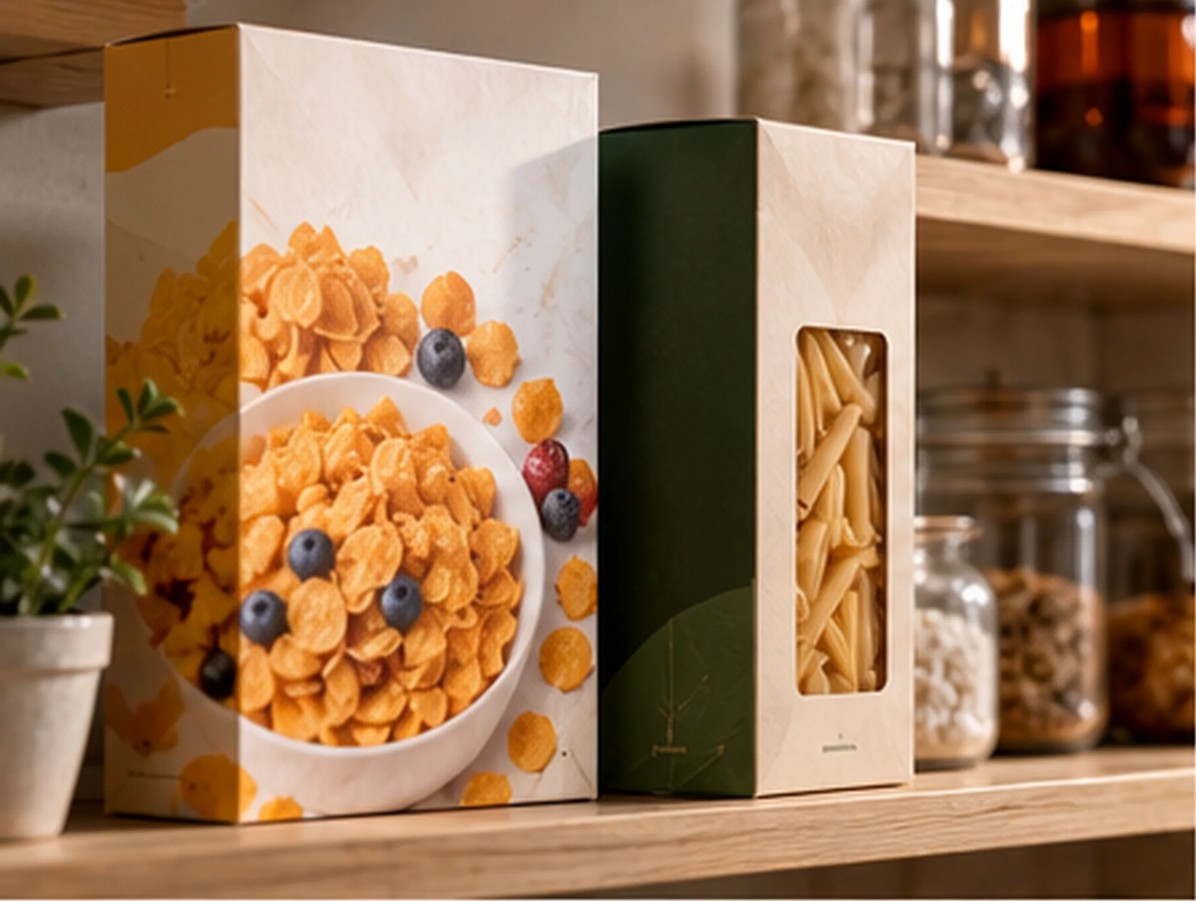 A cereal carton and a windowed pasta carton on a wooden pantry shelf, printed faces to camera
