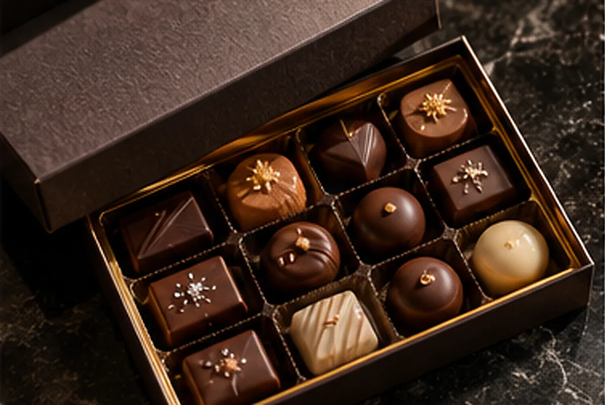 A chocolate box with its lid lifted over twelve chocolates in a gold tray, on dark stone