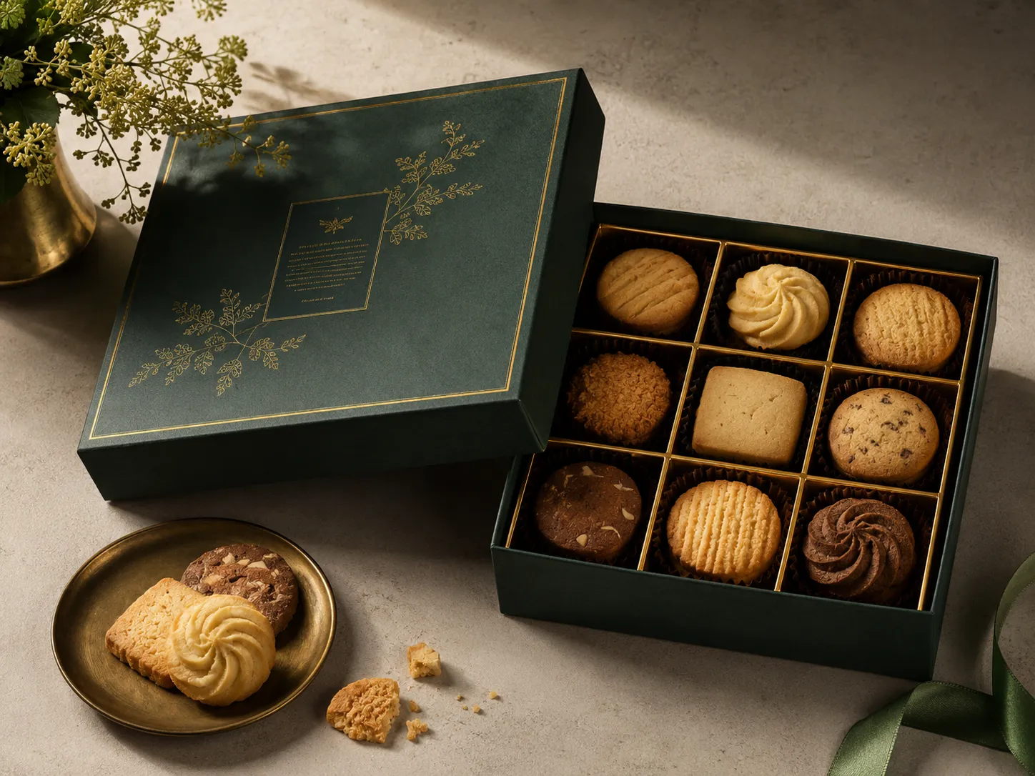 A deep green confectionery box open on a pale counter, fine gold foil botanical sprays and a hairline rule frame running across the lid, the tray of biscuits beside it