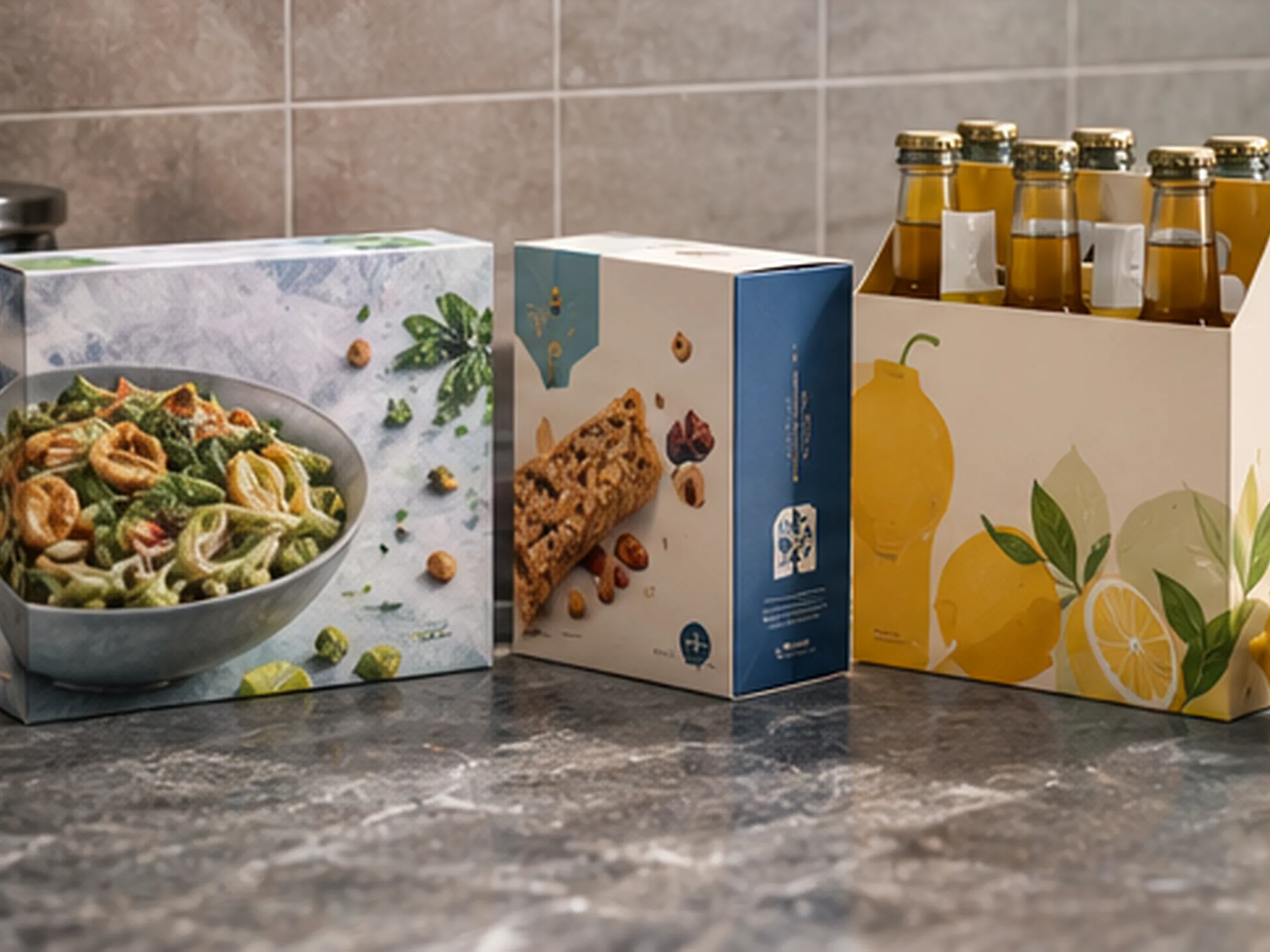 A frozen pasta carton, a snack bar carton and a six bottle beverage carrier on a stone counter