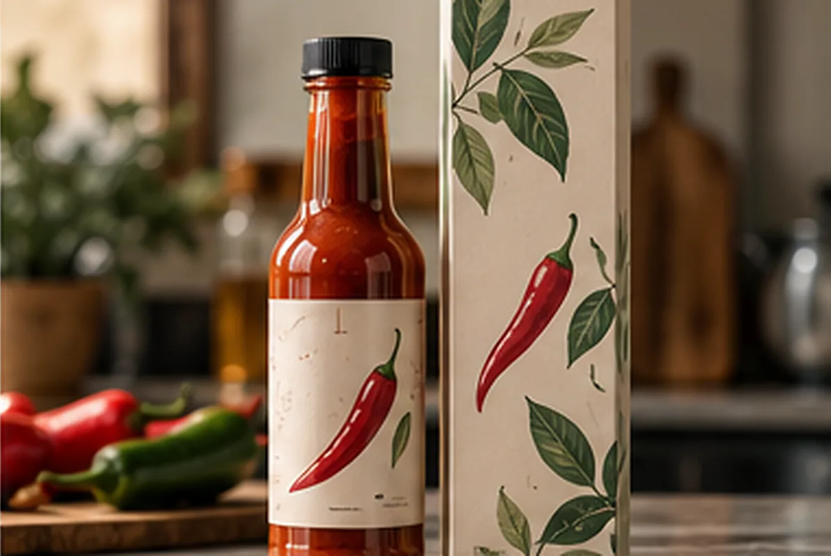 A hot sauce bottle beside its tall carton printed with a chili and leaves, on a kitchen counter