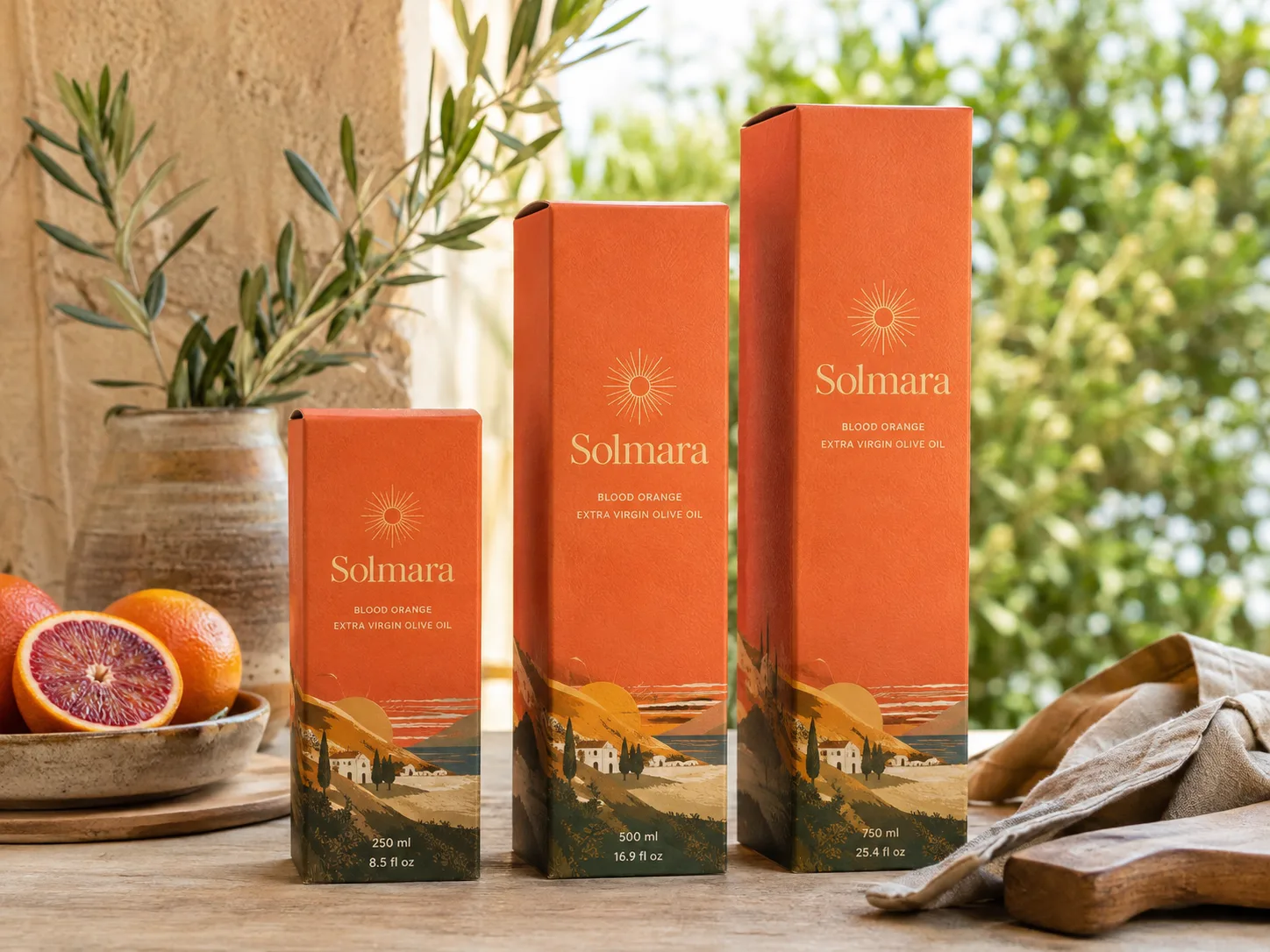Three sizes of an orange olive oil carton on a sunlit table, the printed landscape running across all three