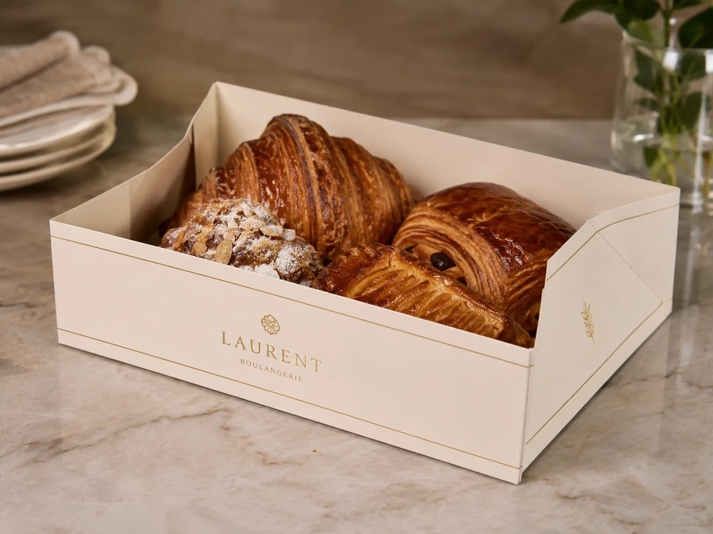 A deep cream six corner pastry tray of croissants on a marble counter, the end wall folded back on itself and the fold showing as a diagonal at the corner.